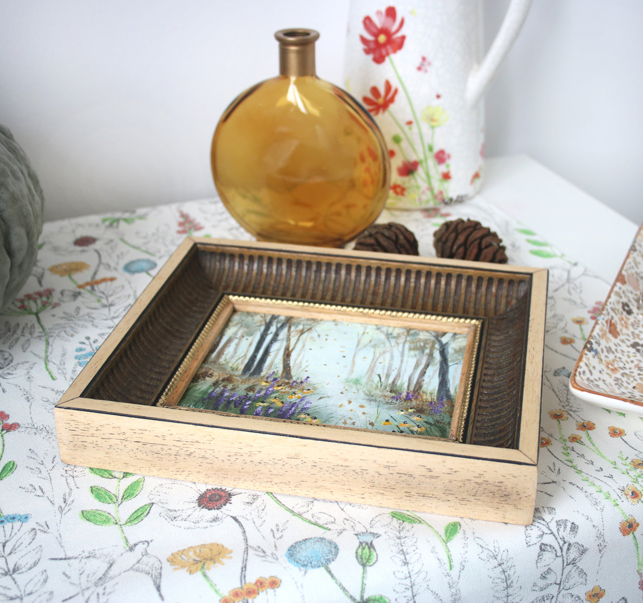 Original autumn landscape painting in wooden vintage frame