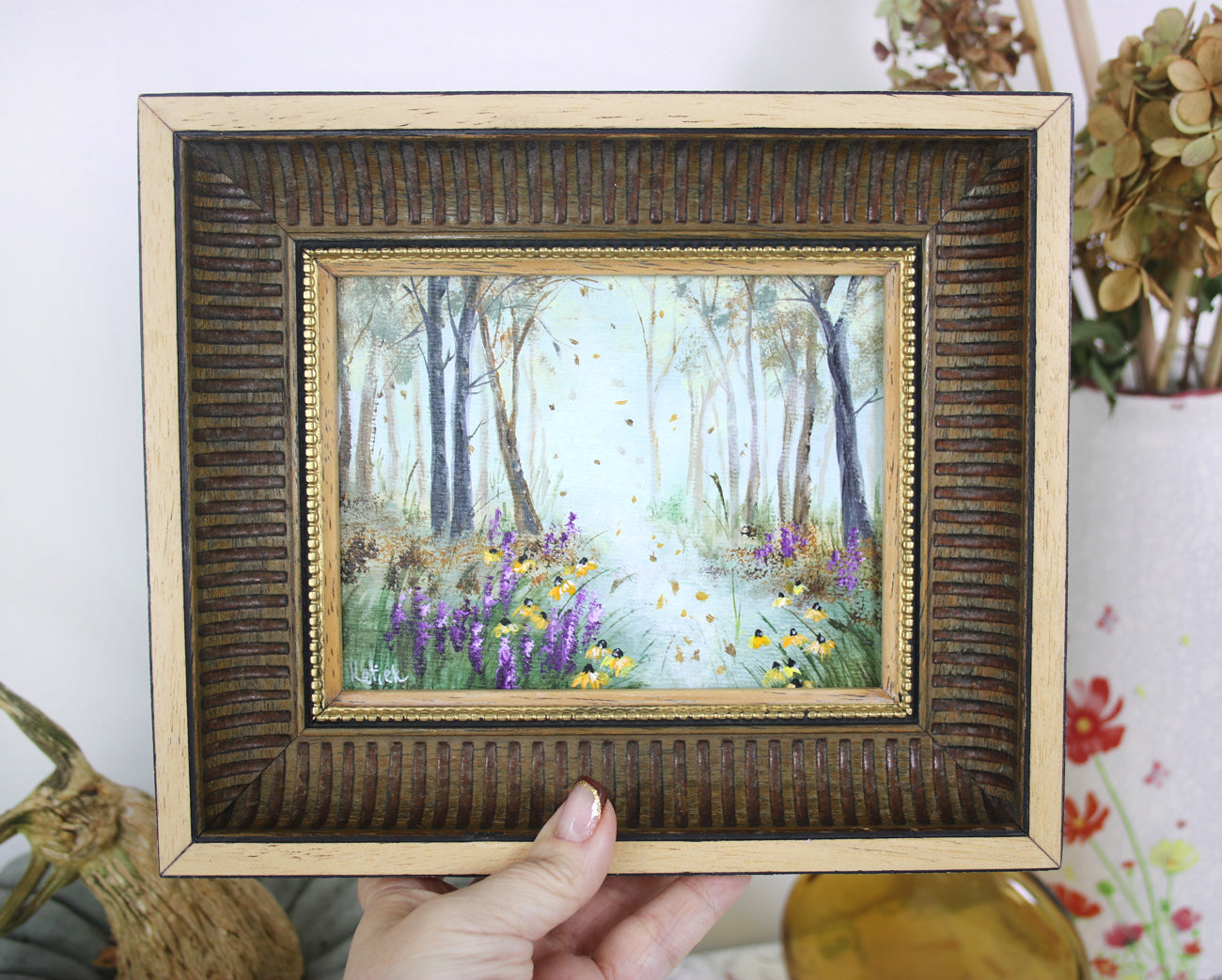Original autumn landscape painting in wooden vintage frame