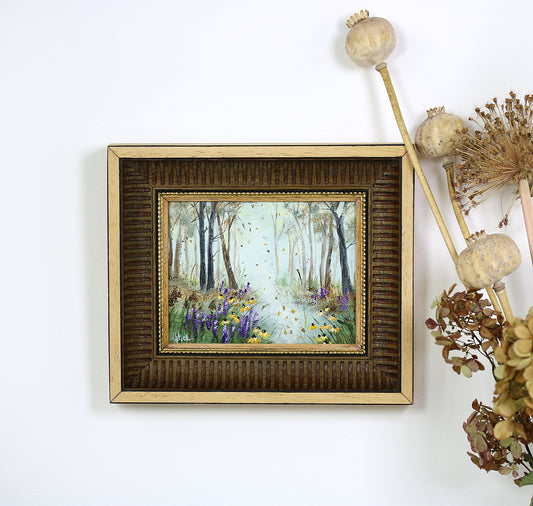 Original autumn landscape painting in wooden vintage frame