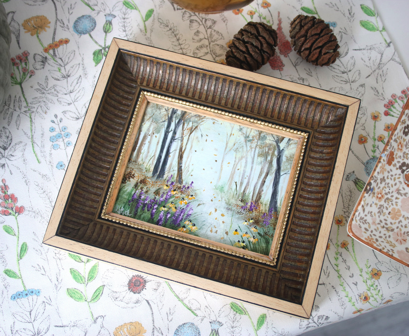 Original autumn landscape painting in wooden vintage frame