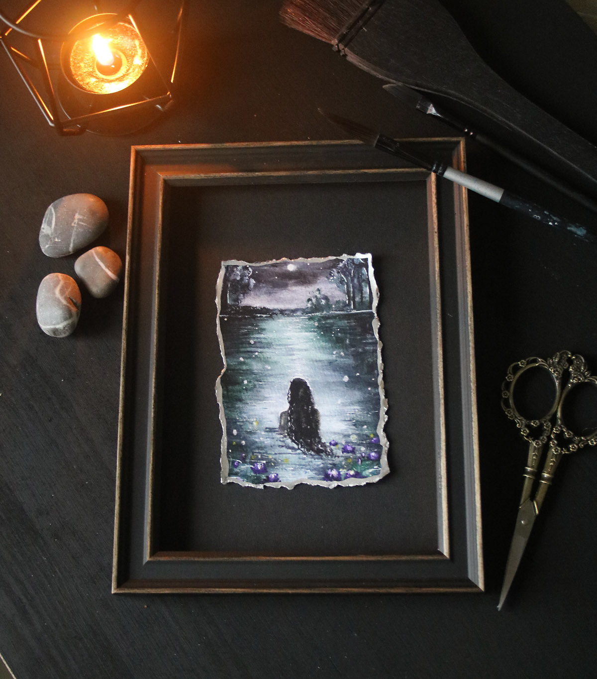 Night scene with Moon and siren in water mystical artisan print