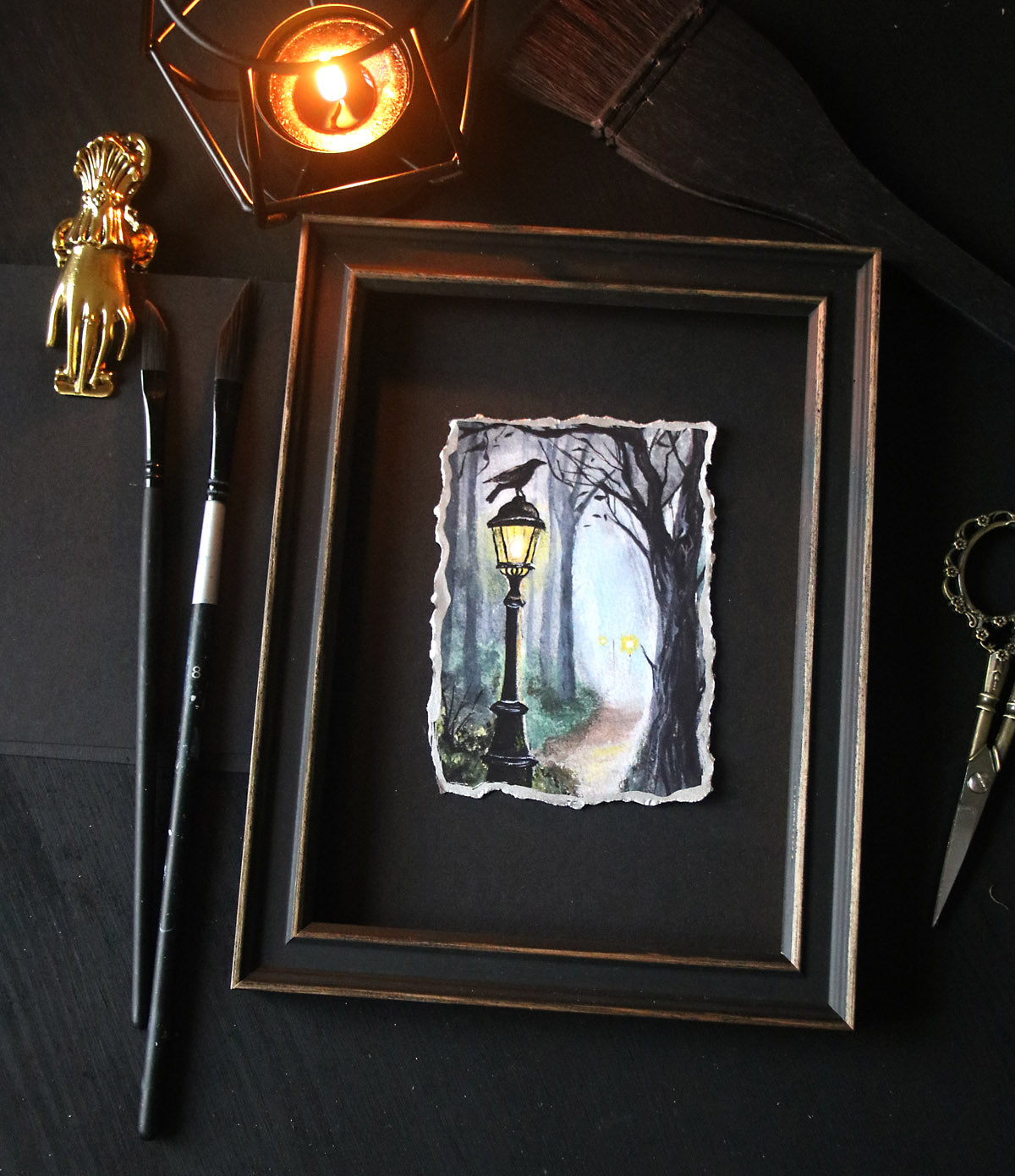 Black raven on a lantern artisan print