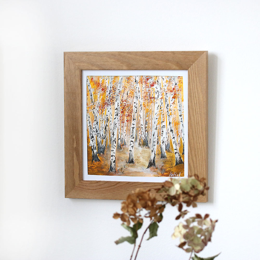 Framed original painting of golden birch tree forest