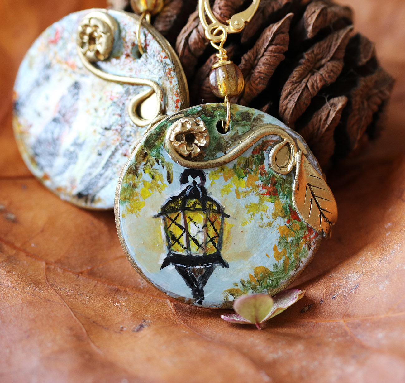 Fine art hand painted earrings with autumn lantern design