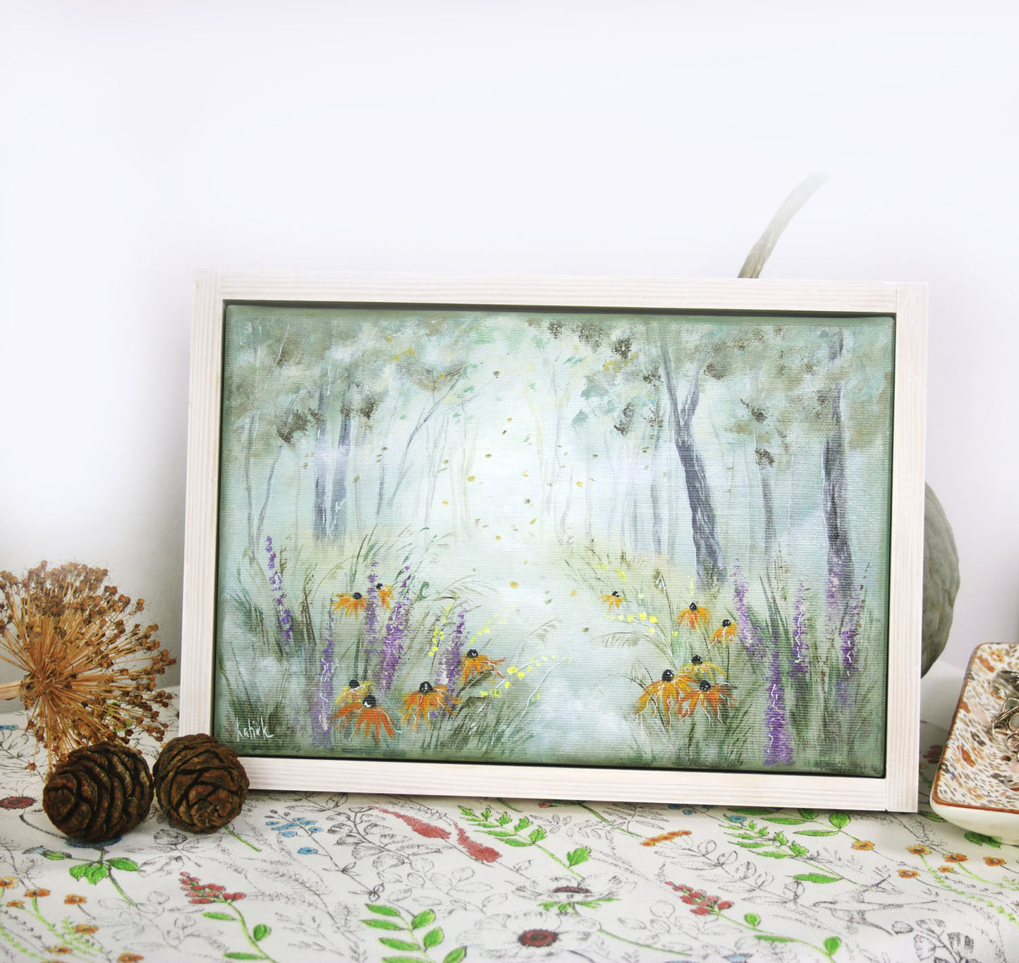 Hand-painted artwork of a misty autumn meadow with wildflowers korolevaart