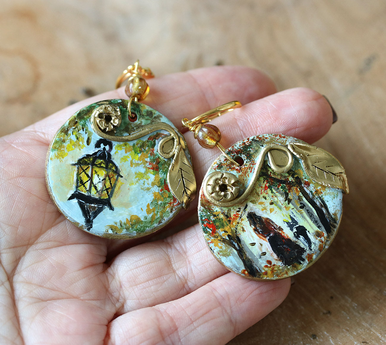Hand painted earrings with autumn scene girl and the dog