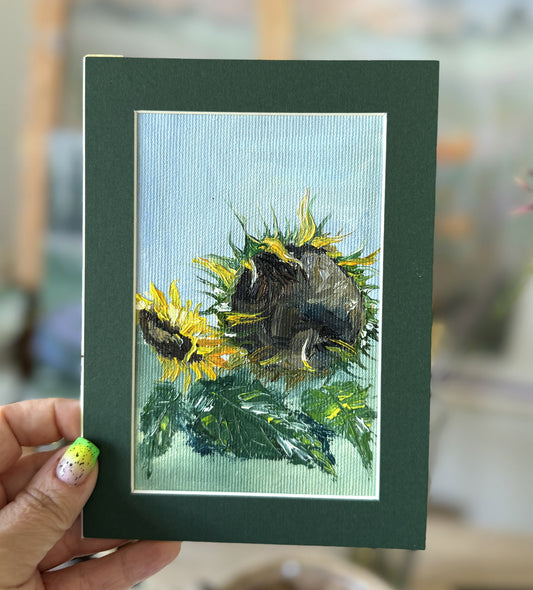 Framed small oil painting of sunflowers