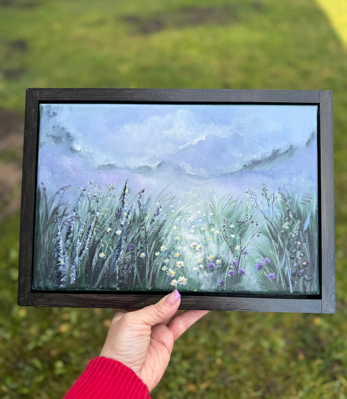 blue landscape with wildflowers original painting