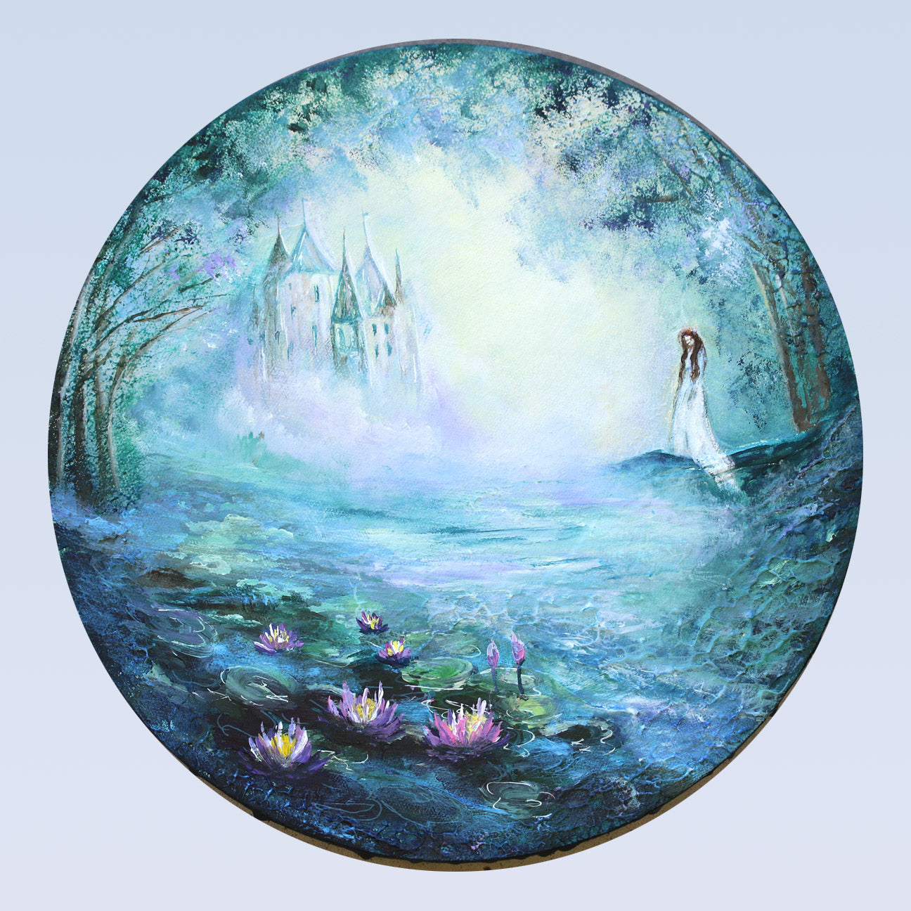 Fantasy scene with a castle, lily pads, and a ghost maiden woman on a blue background