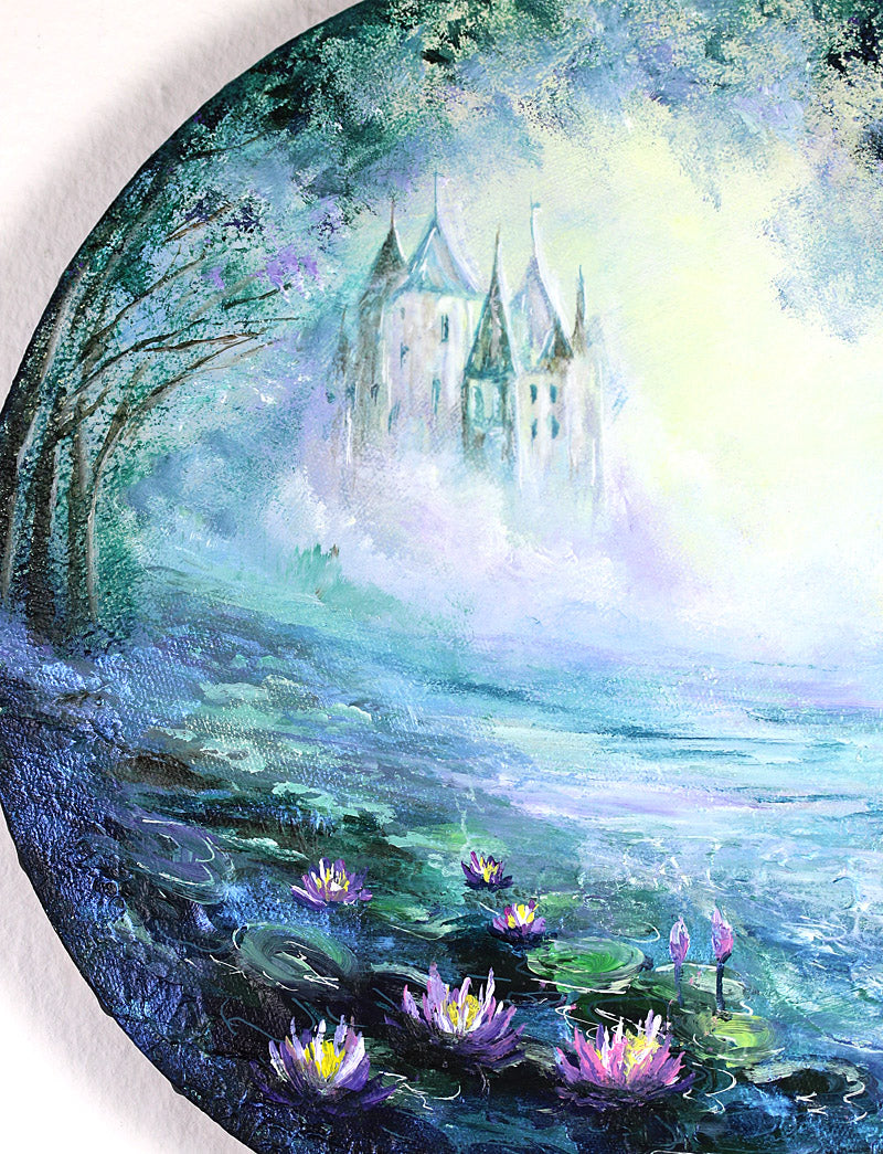 Fantasy castle surrounded by water lilies and trees with a mystical atmosphere.