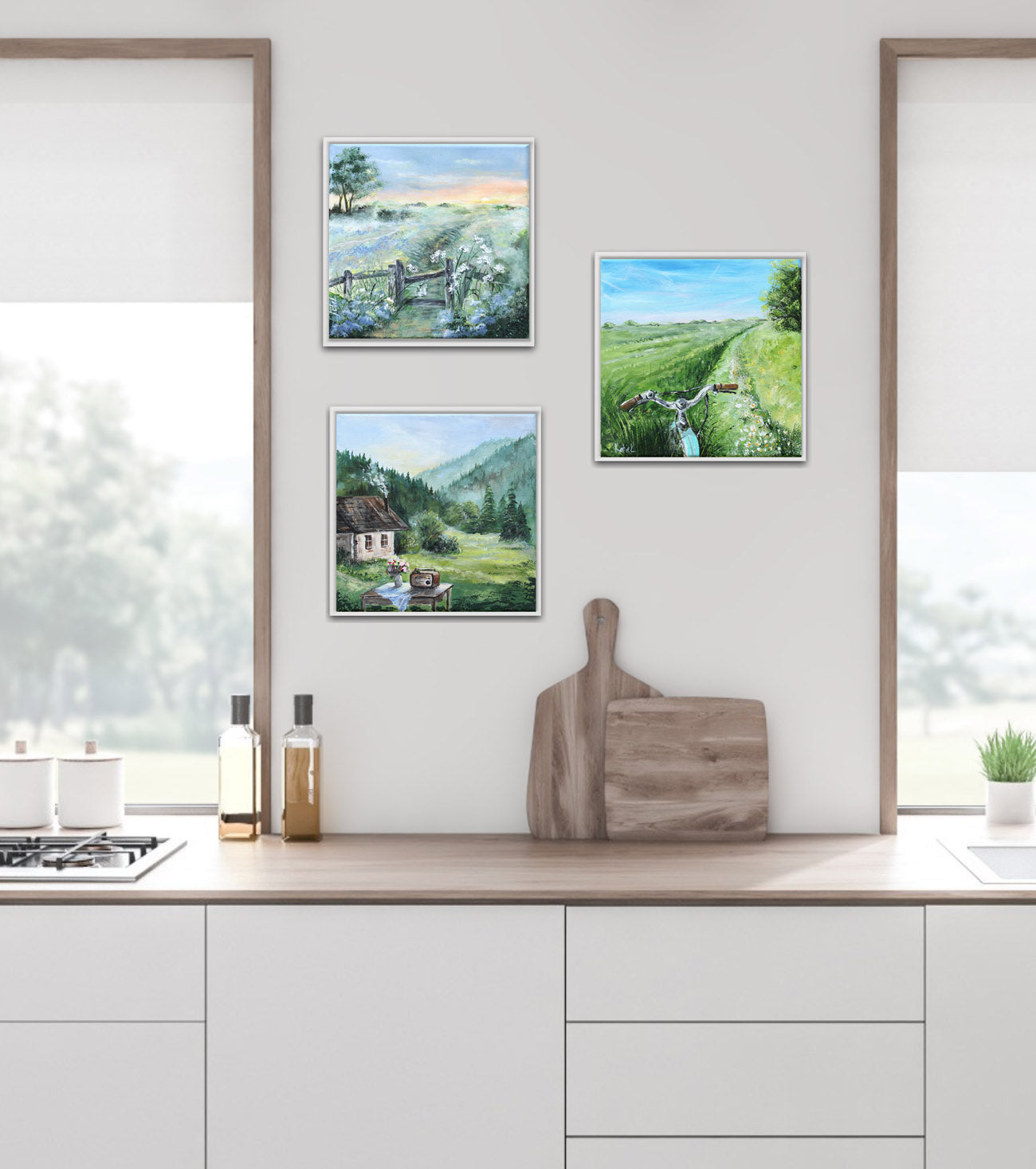 Country side cozy kitchen with framed landscape paintings on the wall