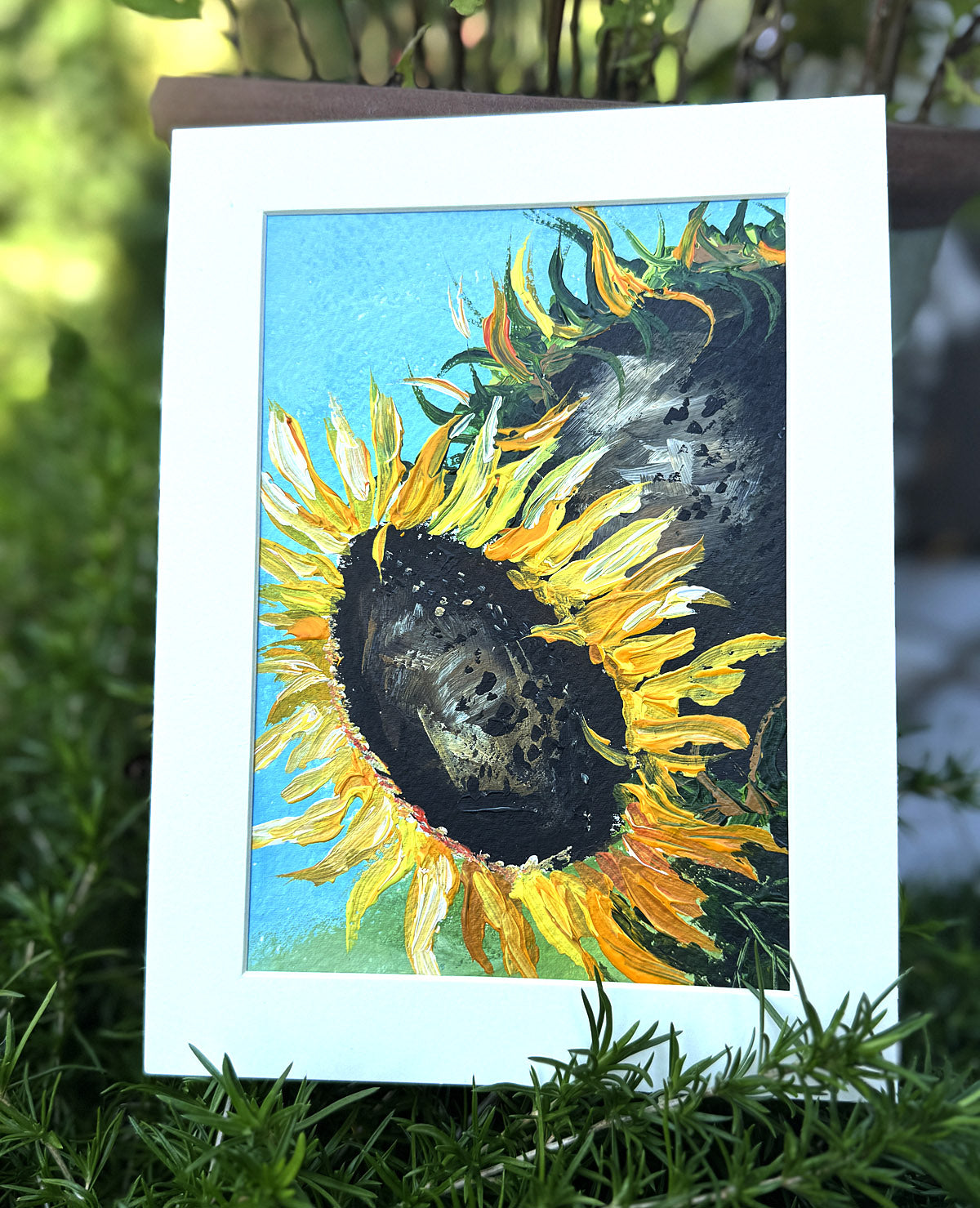 Vibrant sunflower painting in acrylic hand-painted