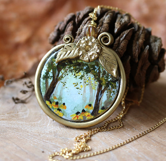 Necklace with a pendant depicting a forest scene on autumn leaves hand-painted jewelry by Katie Koroleva