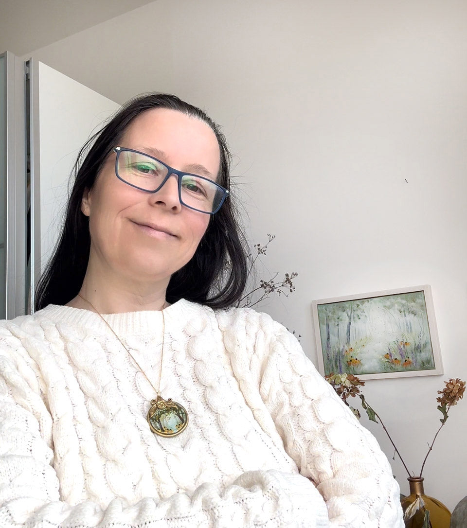 Necklace with a pendant depicting a forest scene on autumn leaves hand-painted jewelry by Katie Koroleva