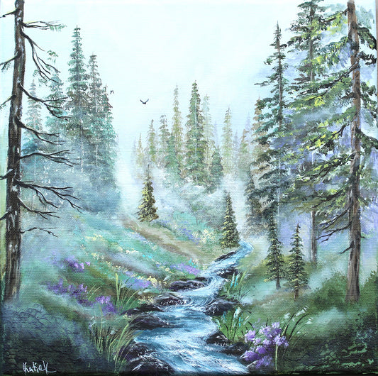 Painting of a forest scene with a stream and purple flowers