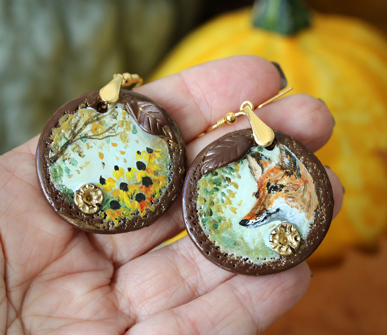 Hand painted fox earrings with golden wires by Katie Koroleva