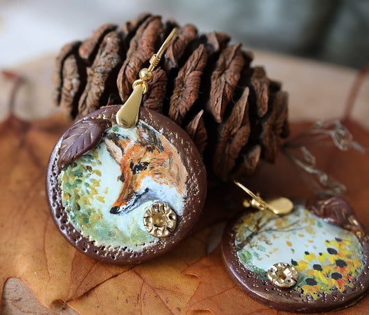 Hand painted fox earrings with golden wires by Katie Koroleva