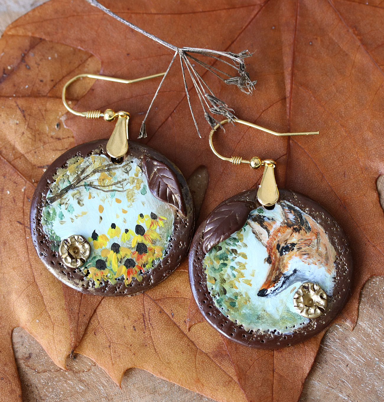 Hand painted fox earrings with golden wires by Katie Koroleva