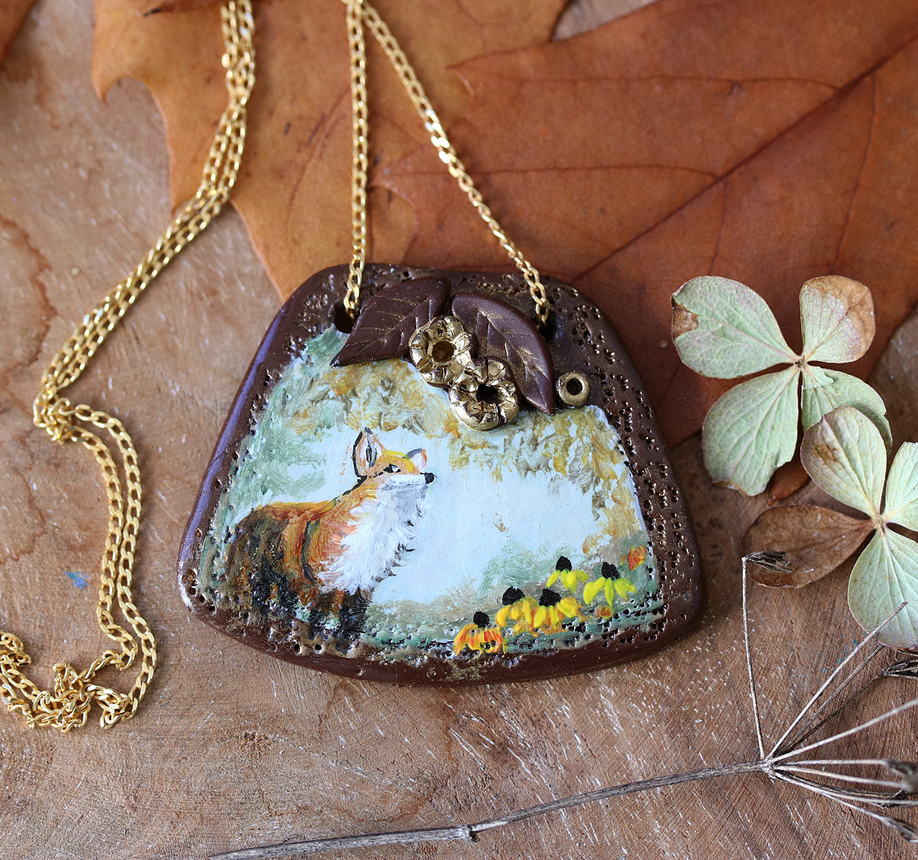 Hand-painted art necklace with fox by Katie Koroleva