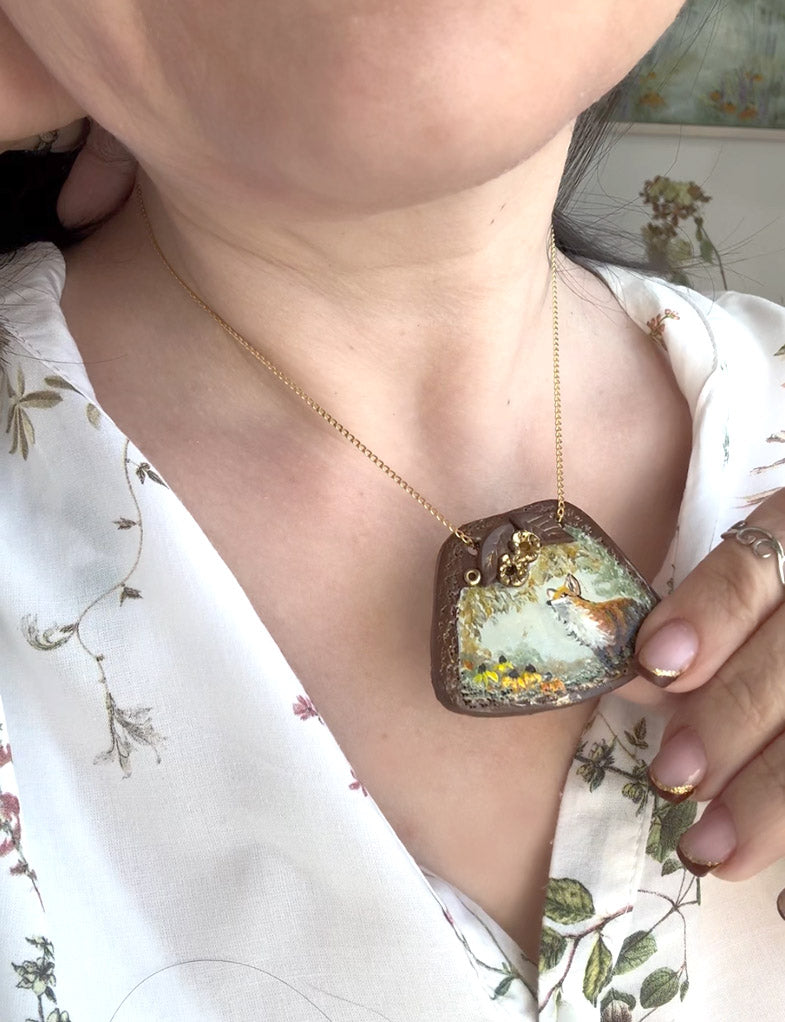 Hand-painted art necklace with fox by Katie Koroleva