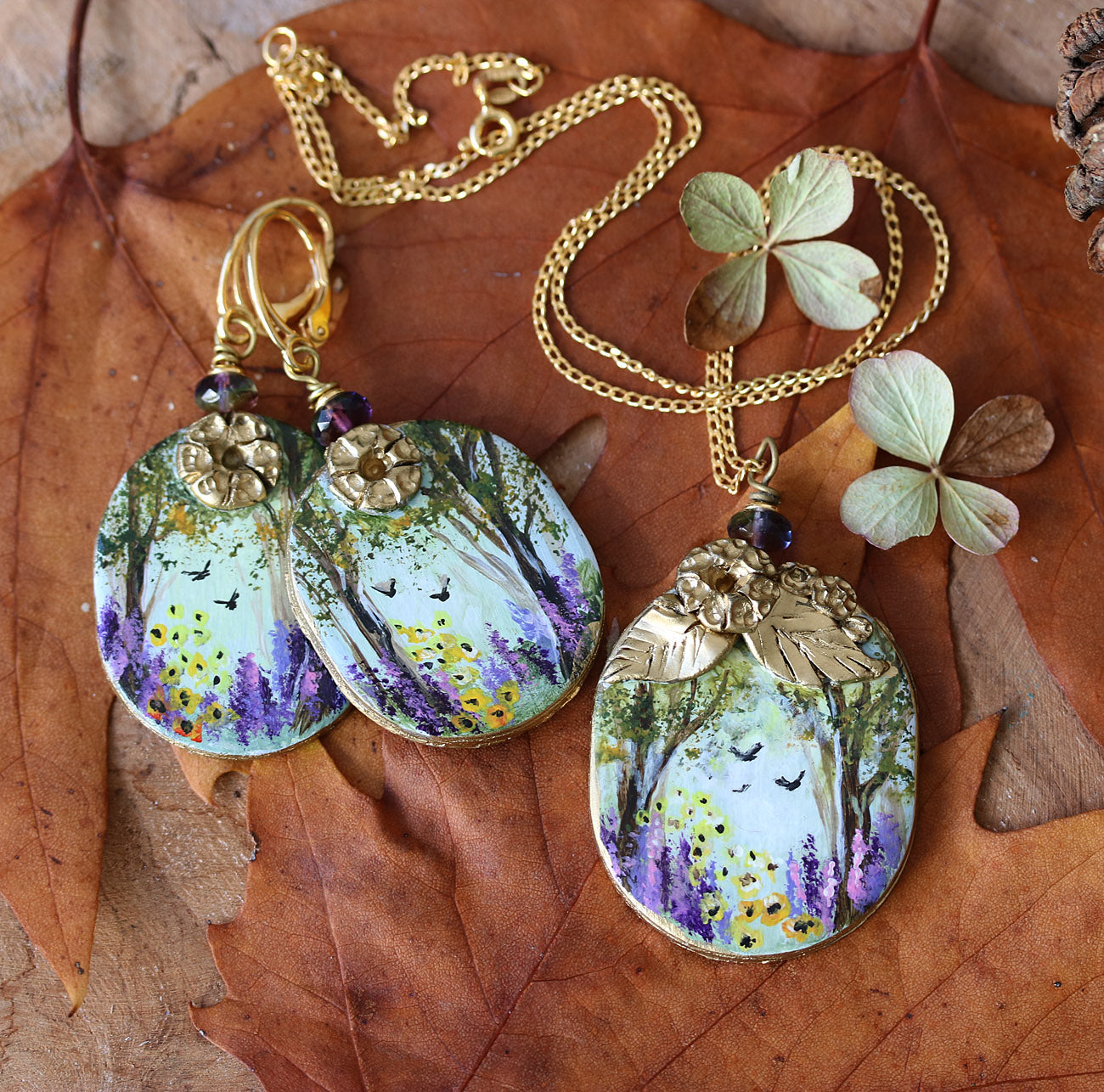 Hand painted art jewelry set with wild flowers blooming scene in a forest by KorolevaArt