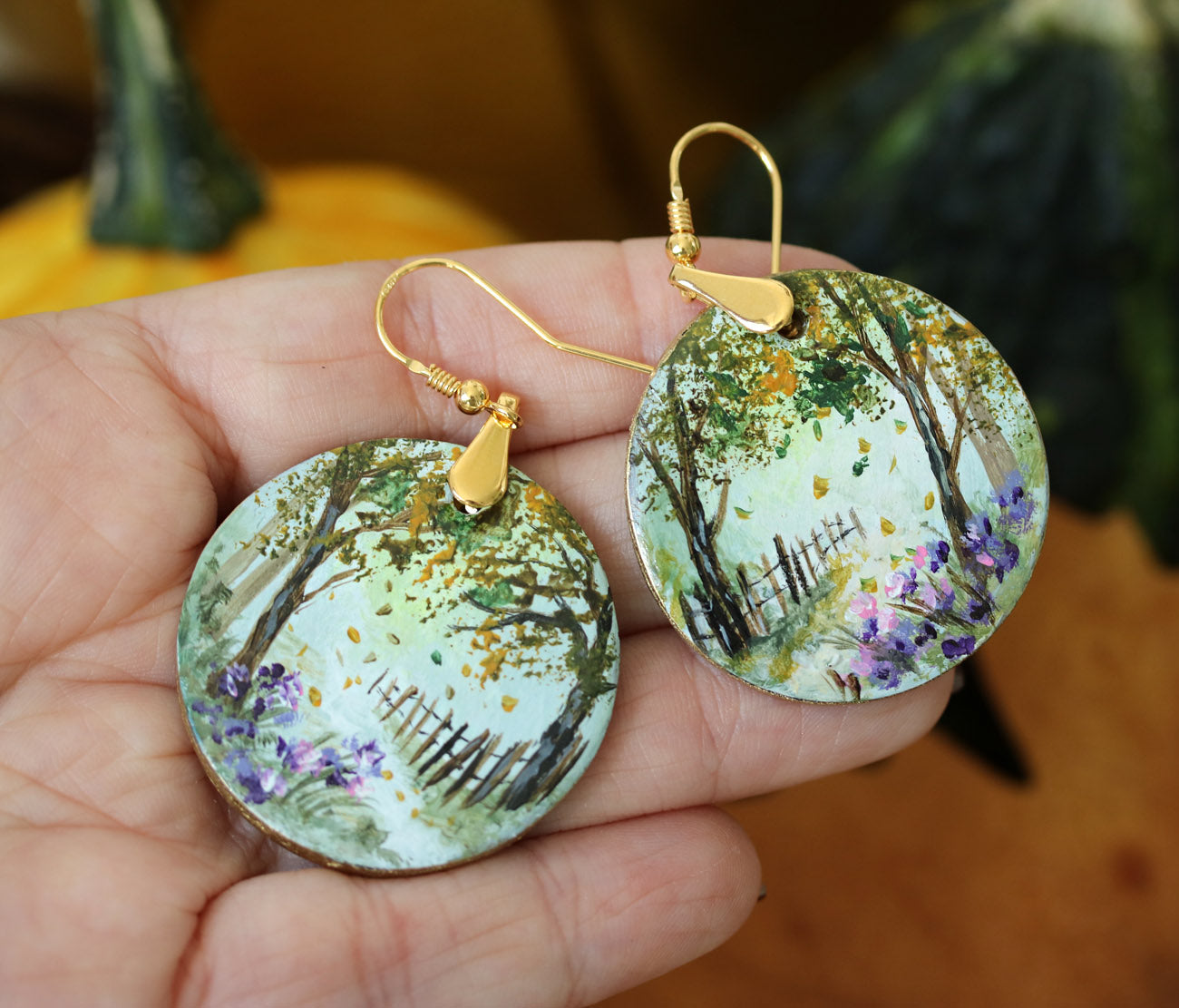 Autumn landscape hand painted art jewelry earrings by Katie Koroleva