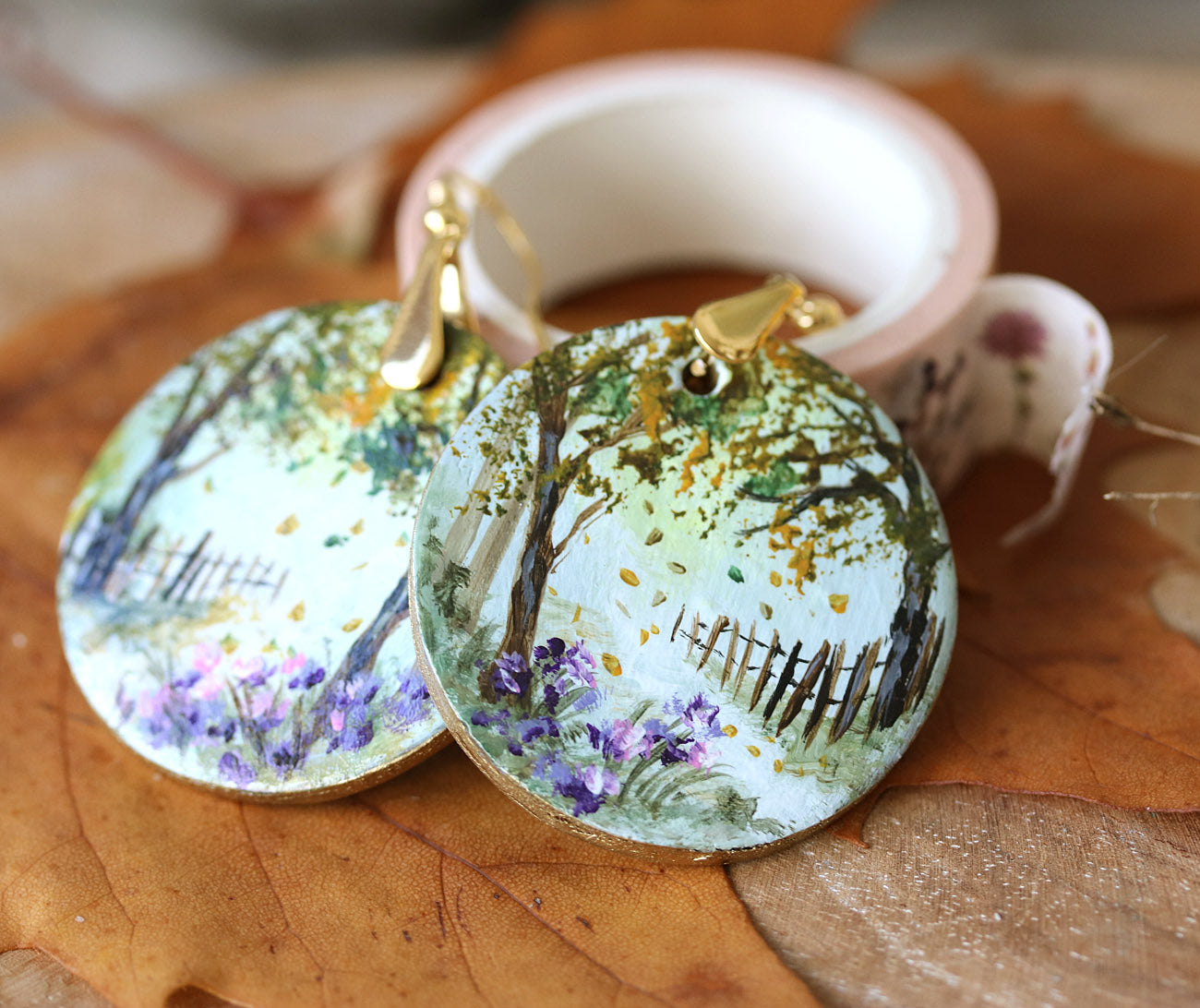 Autumn landscape hand painted art jewelry earrings by Katie Koroleva