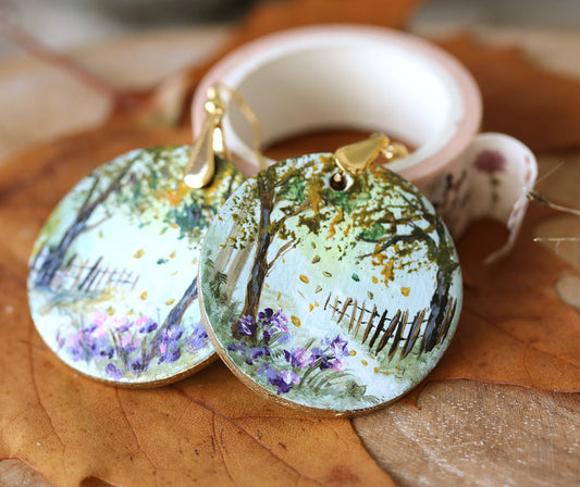 Autumn landscape hand painted art jewelry earrings by Katie Koroleva