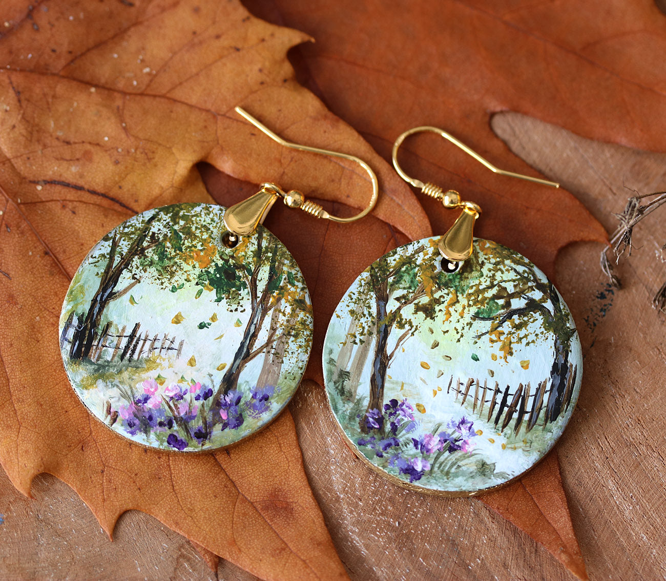 Autumn landscape hand painted art jewelry earrings by Katie Koroleva