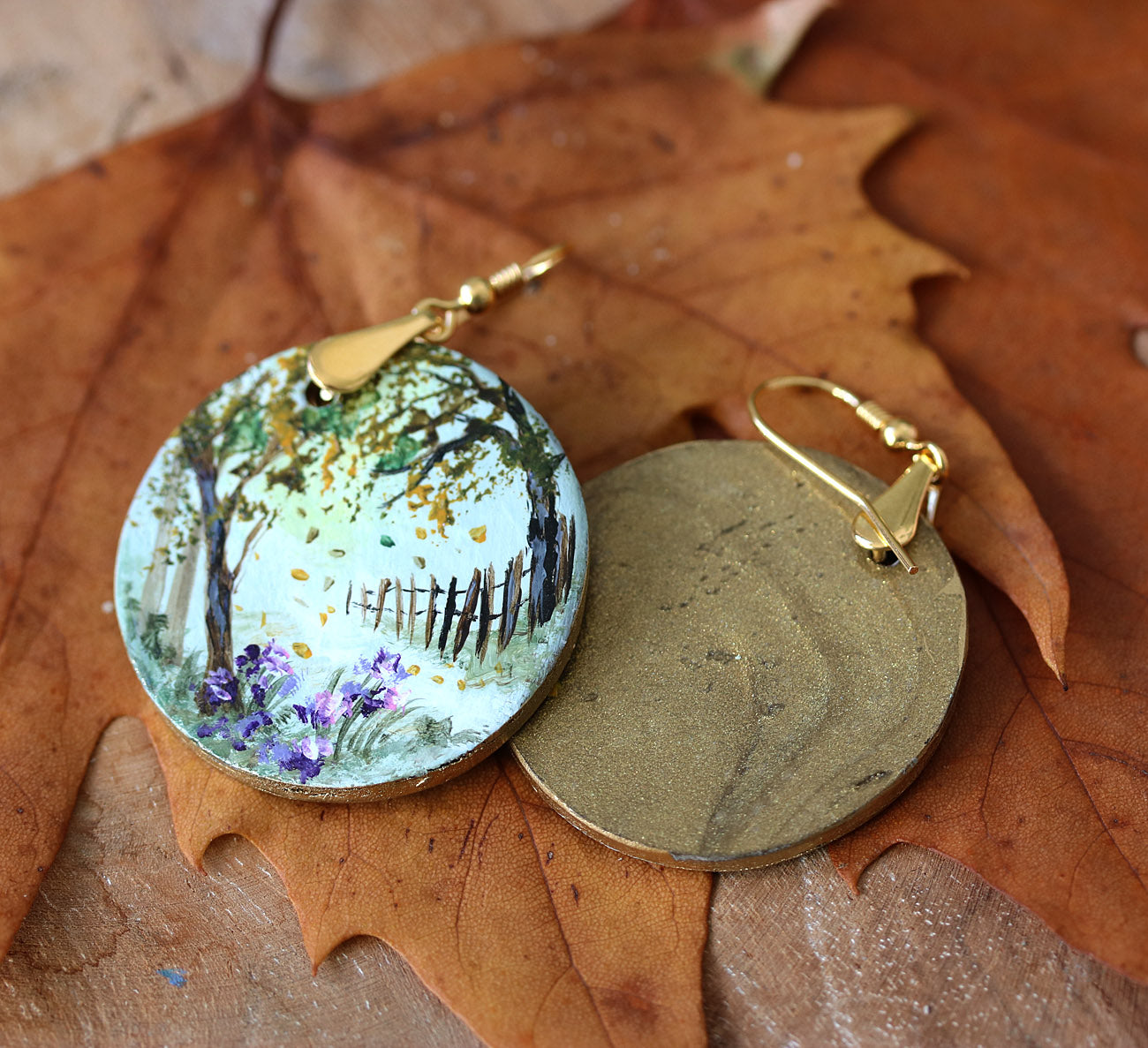 Autumn landscape hand painted art jewelry earrings by Katie Koroleva