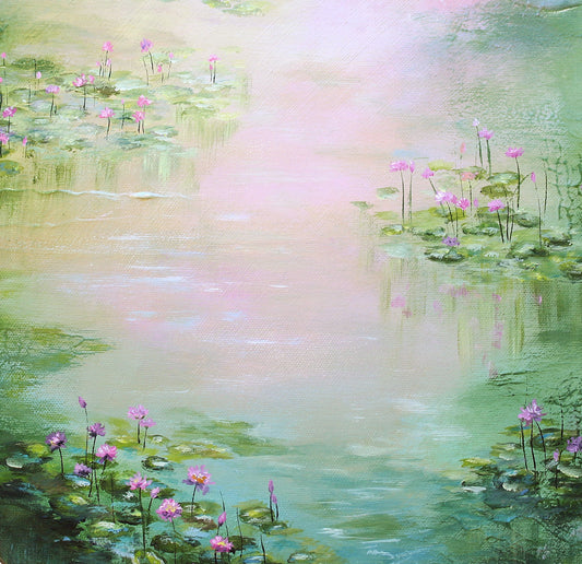 Painting of a serene pond with pink water lilies and a soft, blurred background.