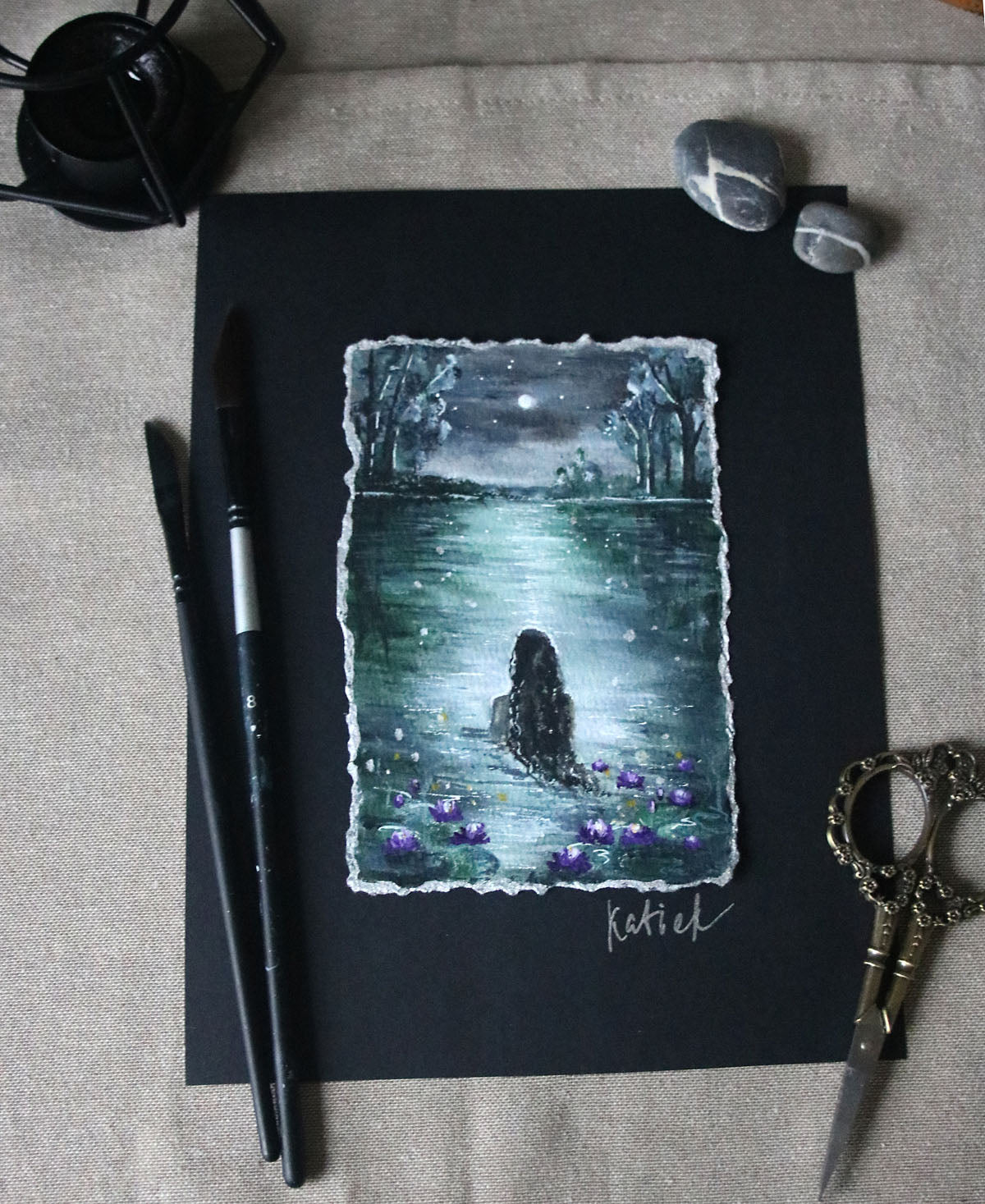 Night scenery with the siren in water original small painting