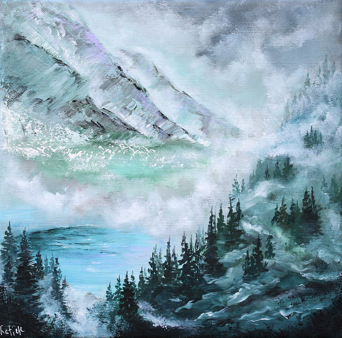 Painting of a mountain landscape with pine trees and misty lake