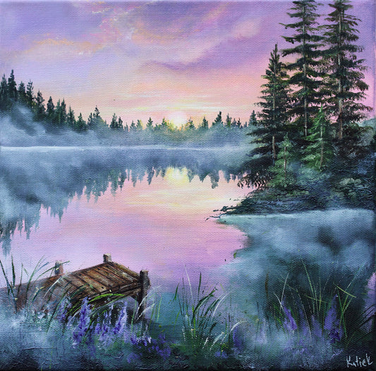 Original acrylic painting of a tranquil forest lake at sunset with pine trees and a wooden dock in mist
