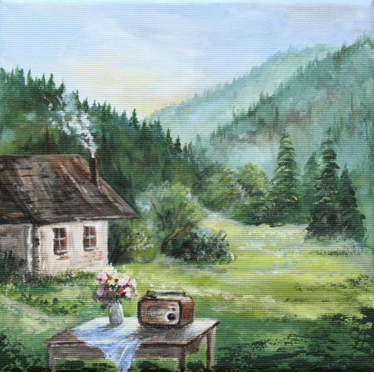 Acrylic painting of a countryside cottage with vintage radio and chimney smoke, nostalgic summer art