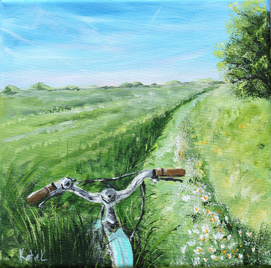 Painting of a mint bicycle on a grassy path with a blue sky.