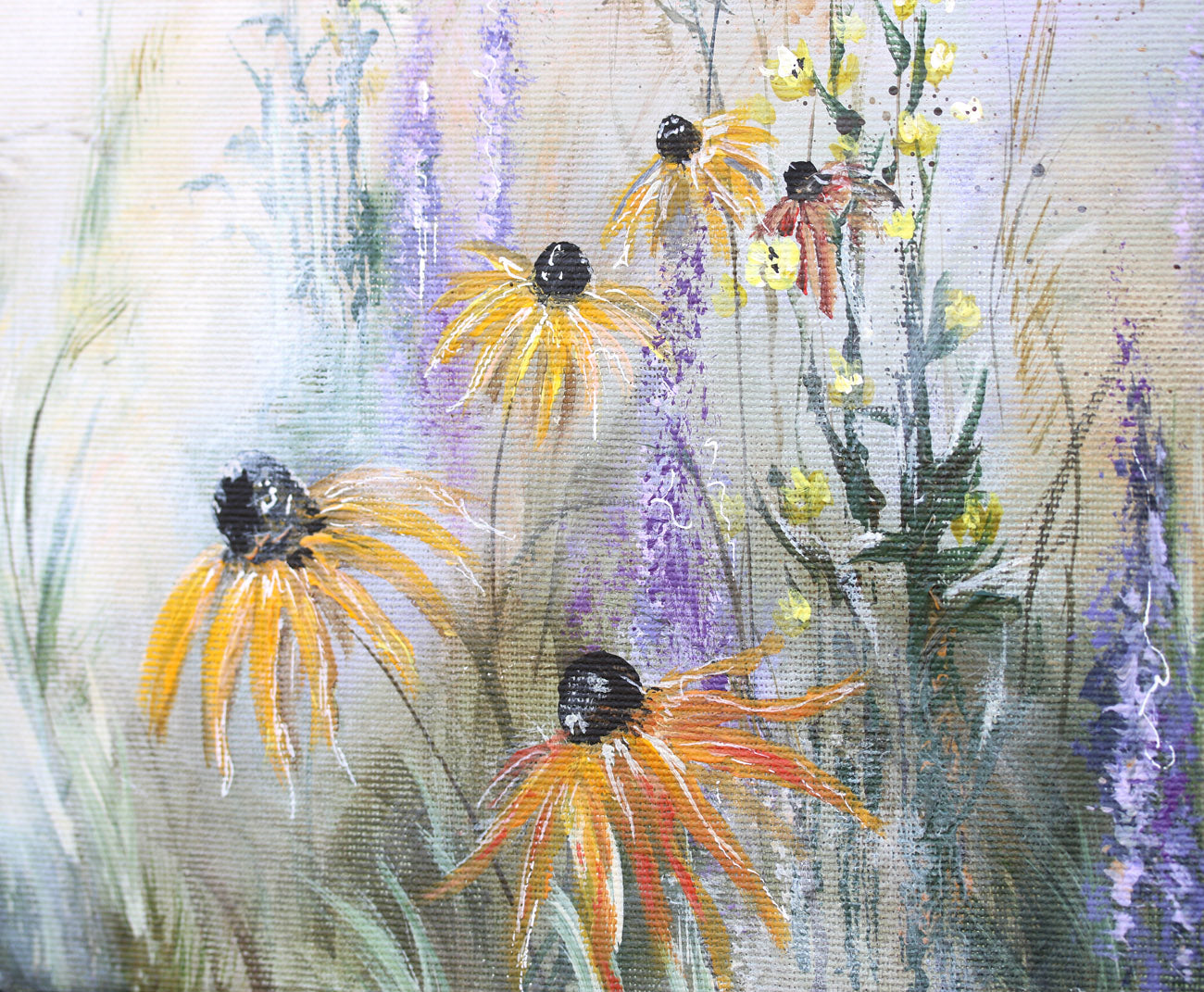 Painting of flowers with a focus on yellow and orange blossoms.