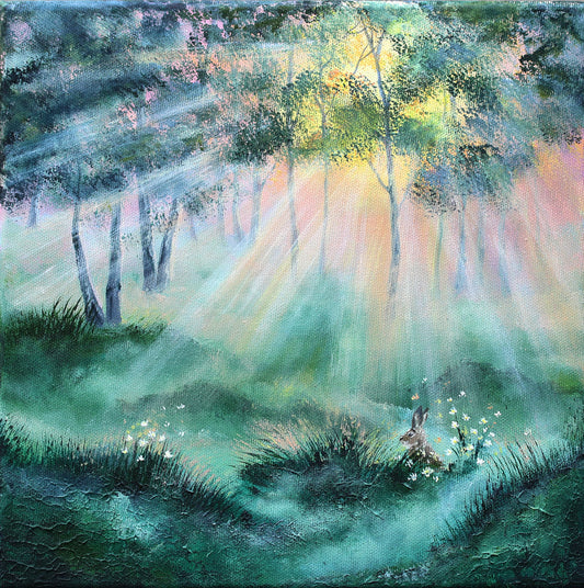 a dreamy original painting with bunny in a misty green forest with soft morning sunlight