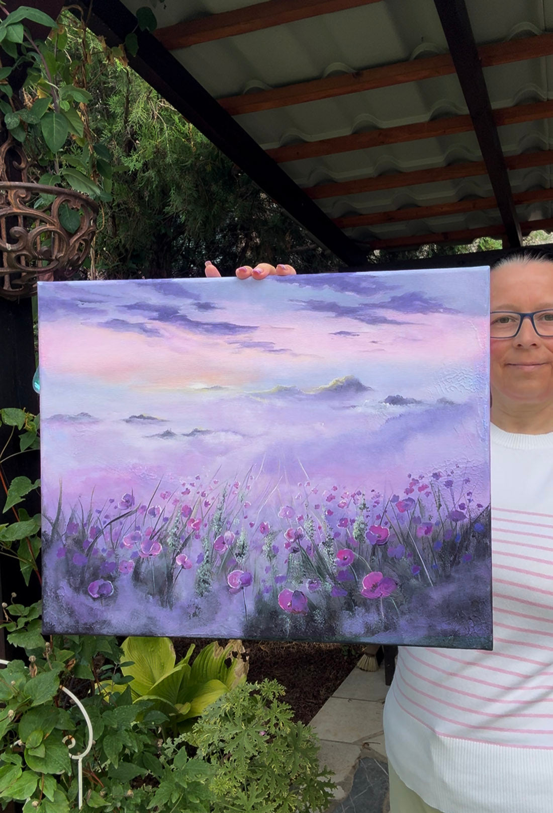 Original painting of a misty meadow sunset filled with pink and purple poppy flowers under a pastel sky with lavender, pink, and blue clouds.