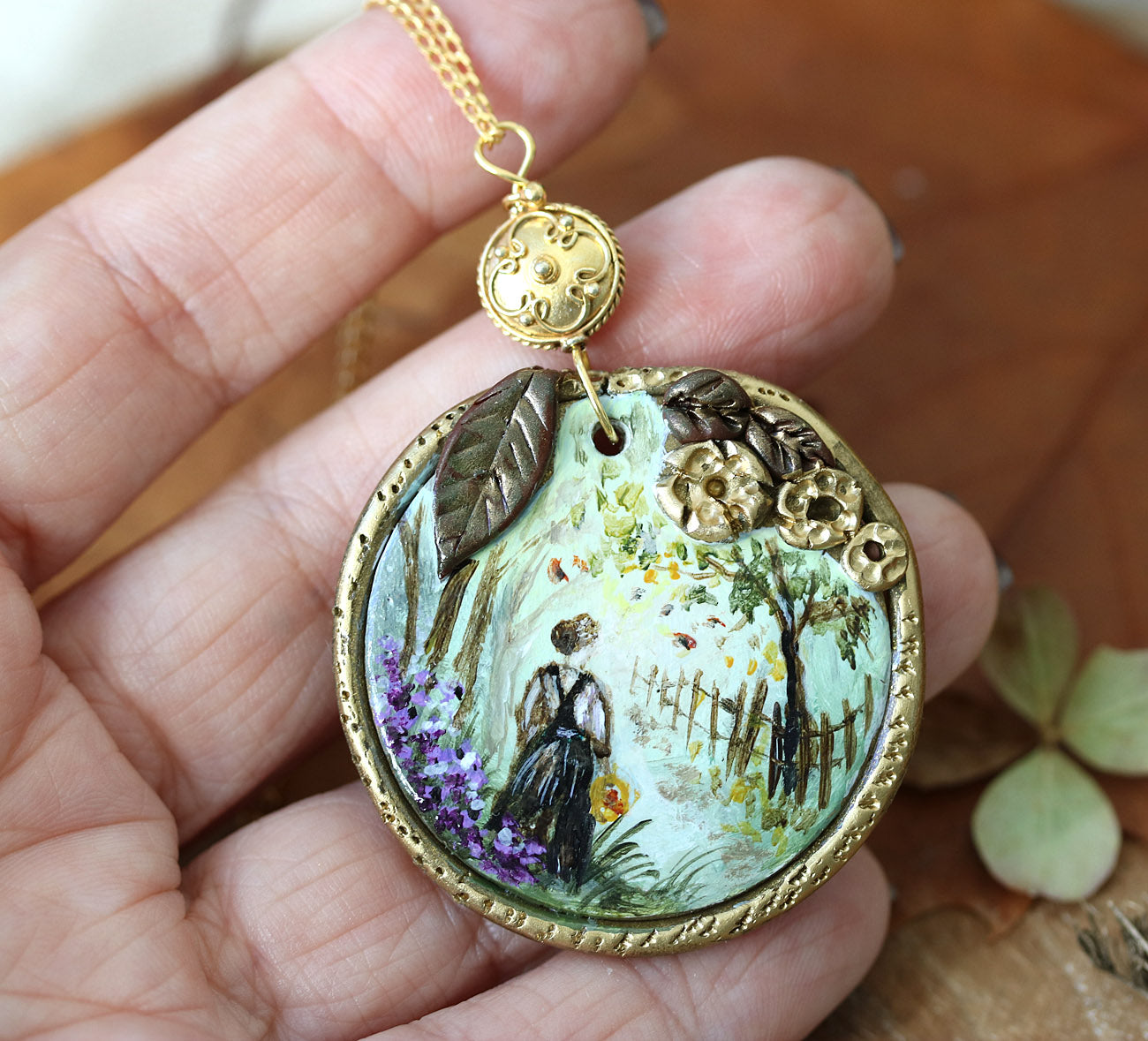 Pride and Prejudice inspired hand-painted necklace on golden chain
