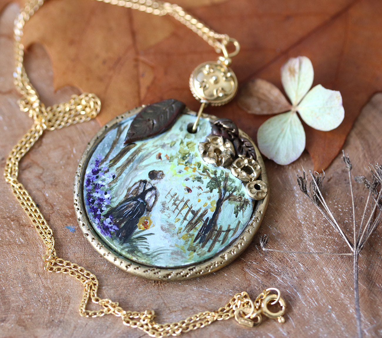 Pride and Prejudice inspired hand-painted necklace on golden chain