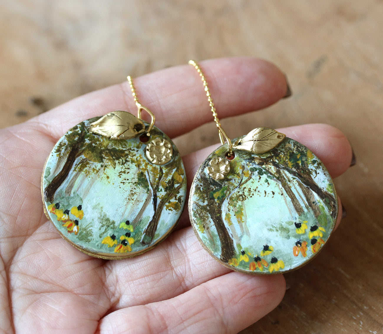 Hand-painted long earrings on golden chain Katie Koroleva