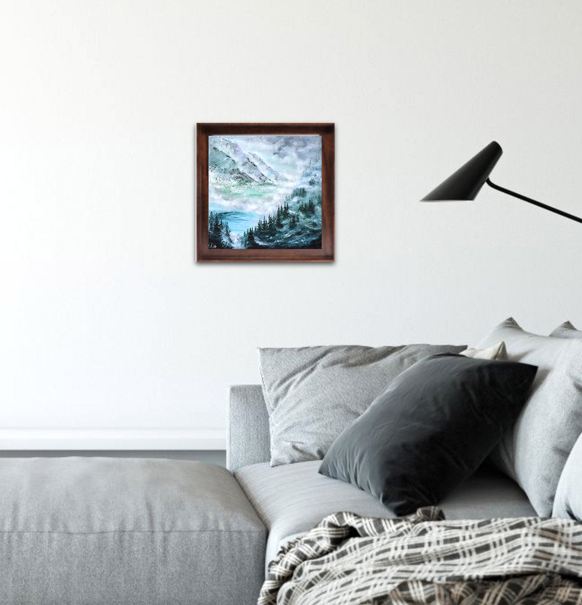 Scandinavian interior with framed landscape painting rustic style