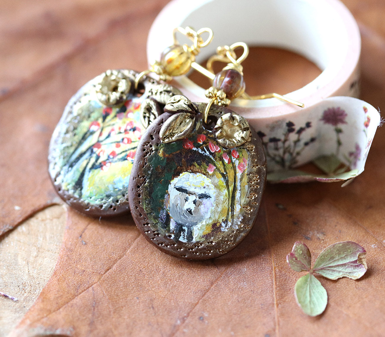 Sheep earrings hand-painted art jewelry by Katie Koroleva