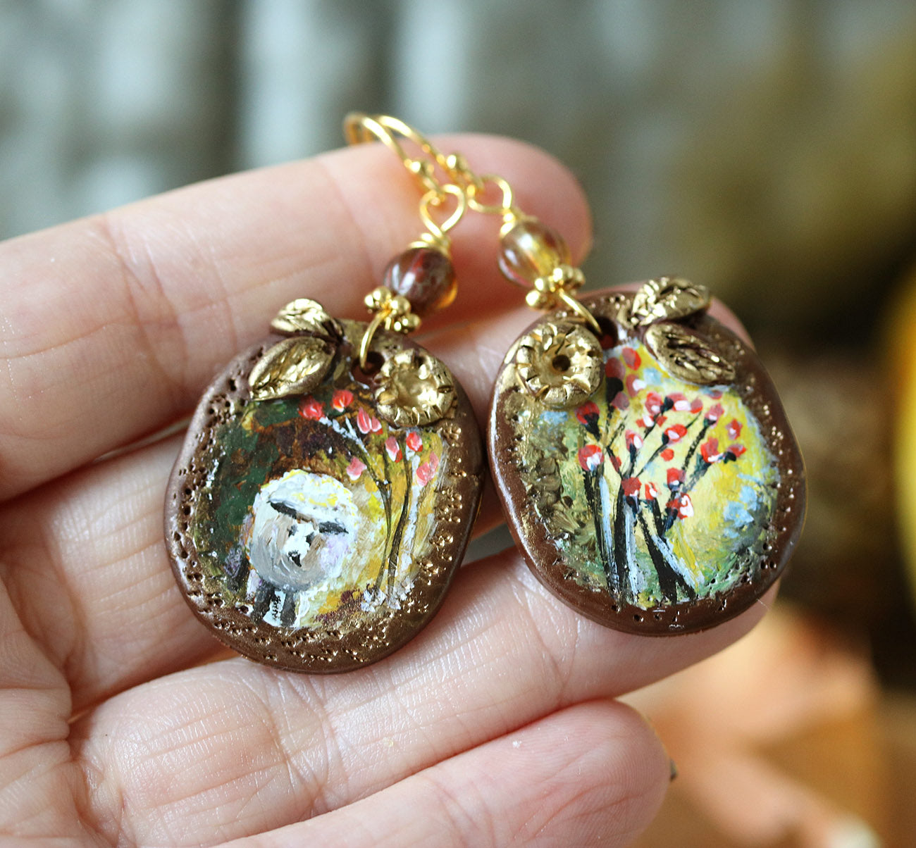 Sheep earrings hand-painted art jewelry by Katie Koroleva