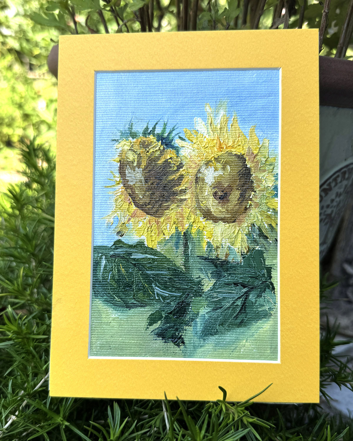Sunflowers oil miniature painting in a frame