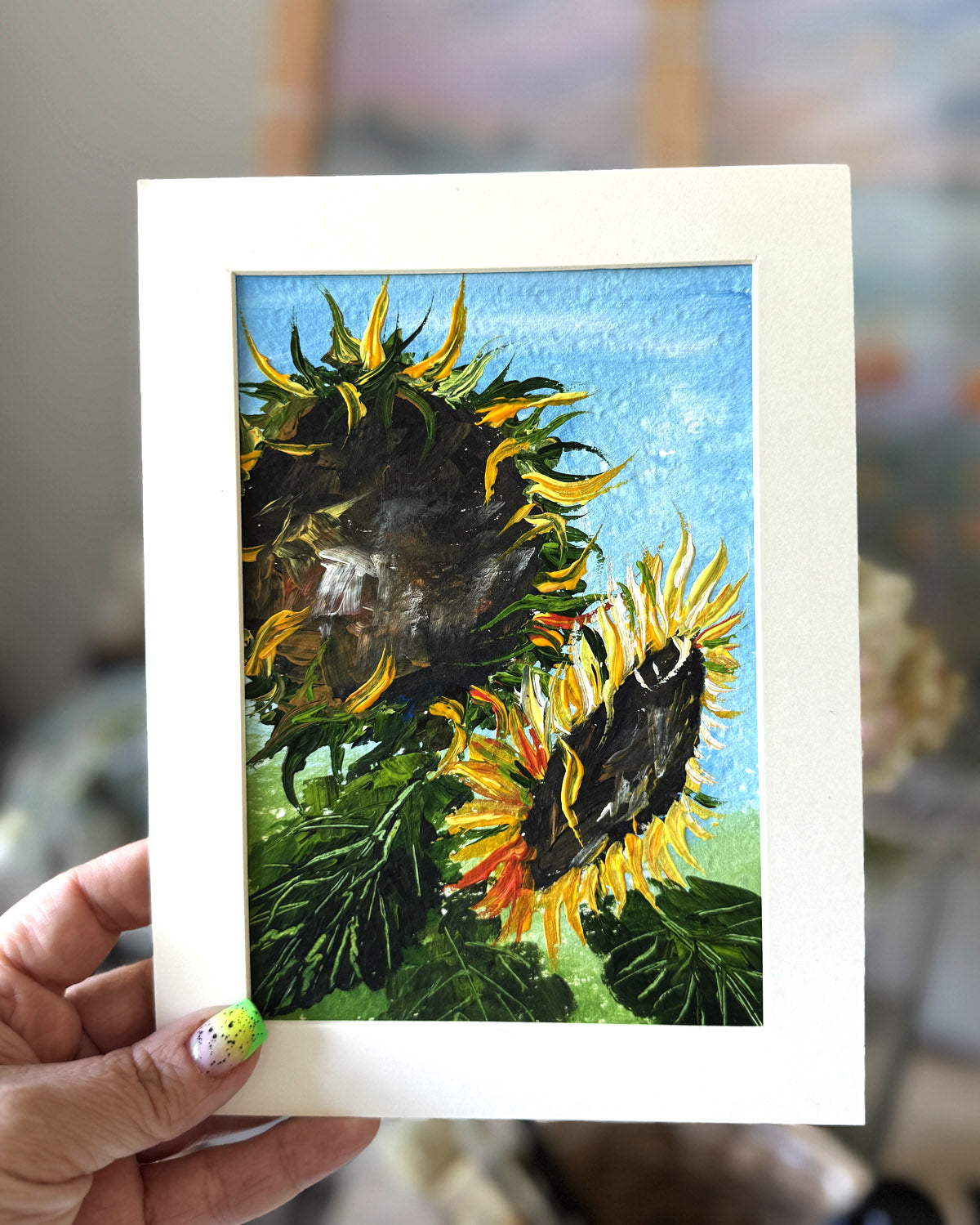 Expressive sunflowers painting with cardboard frame