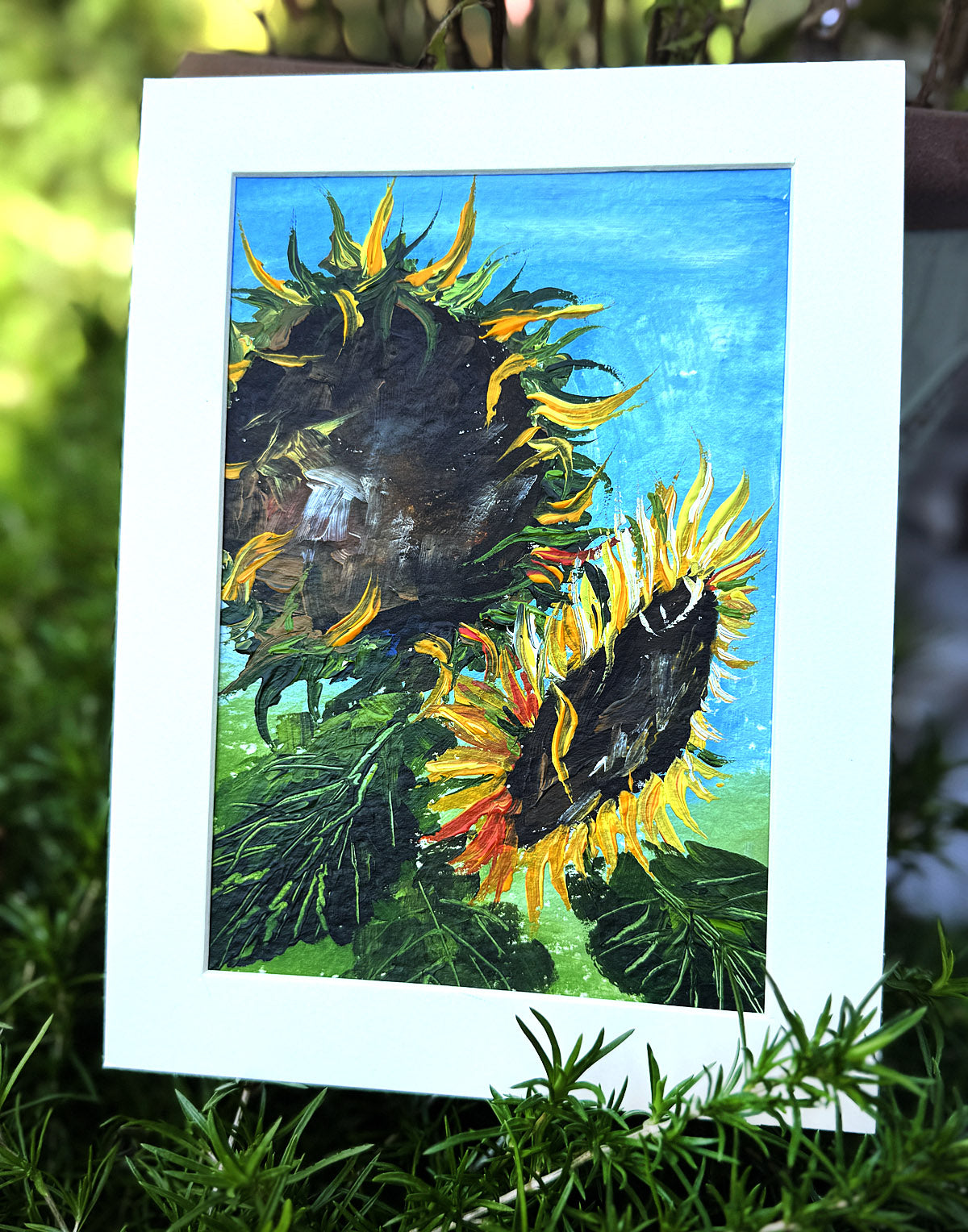Bright sunflowers painting in acrylic
