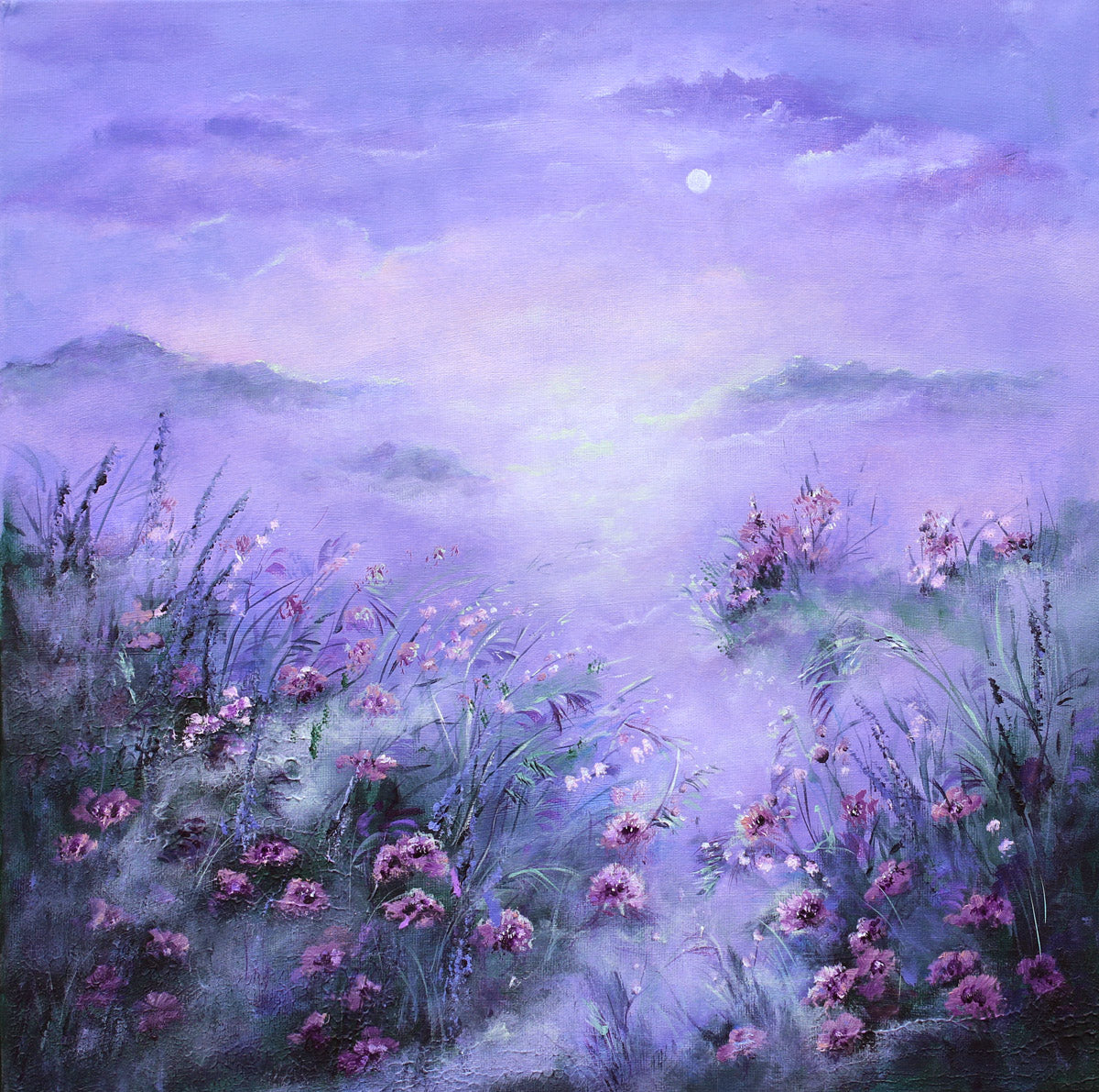 Painting of a field of purple flowers under a moonlit sky