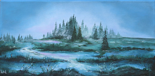 Painting of a forest landscape with trees and a river under a blue sky.